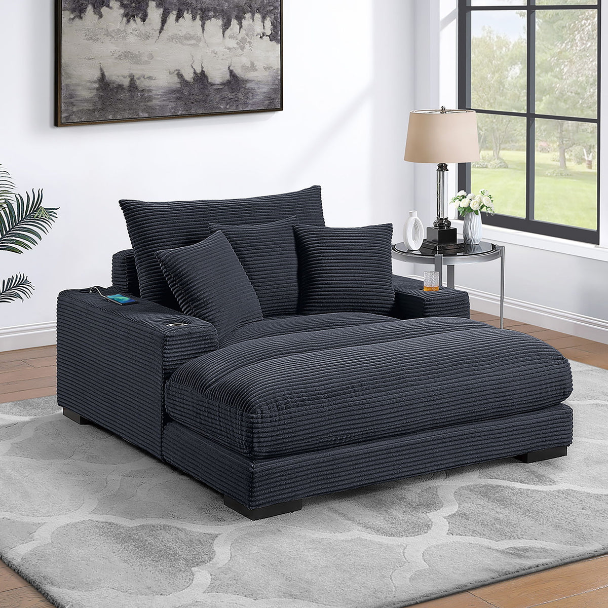 Upholstered Chaise Lounge With Cup Holders USB Port And Pillows