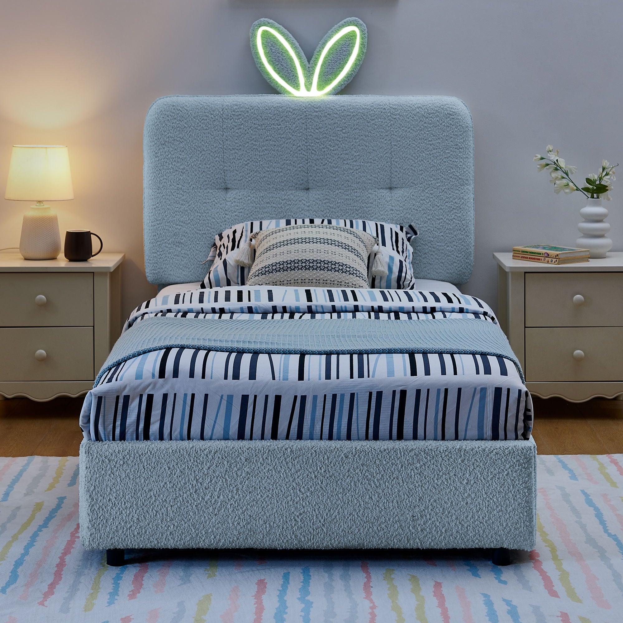Upholstered Bed With Oversized Rabbit Ear Headboard, LED Lights &amp; 4 Storage Drawers
