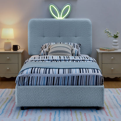 Upholstered Bed With Oversized Rabbit Ear Headboard, LED Lights &amp; 4 Storage Drawers