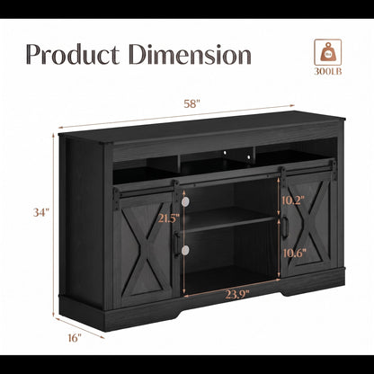 Farmhouse TV Stand With Sliding Barn Doors &amp; Adjustable Storage