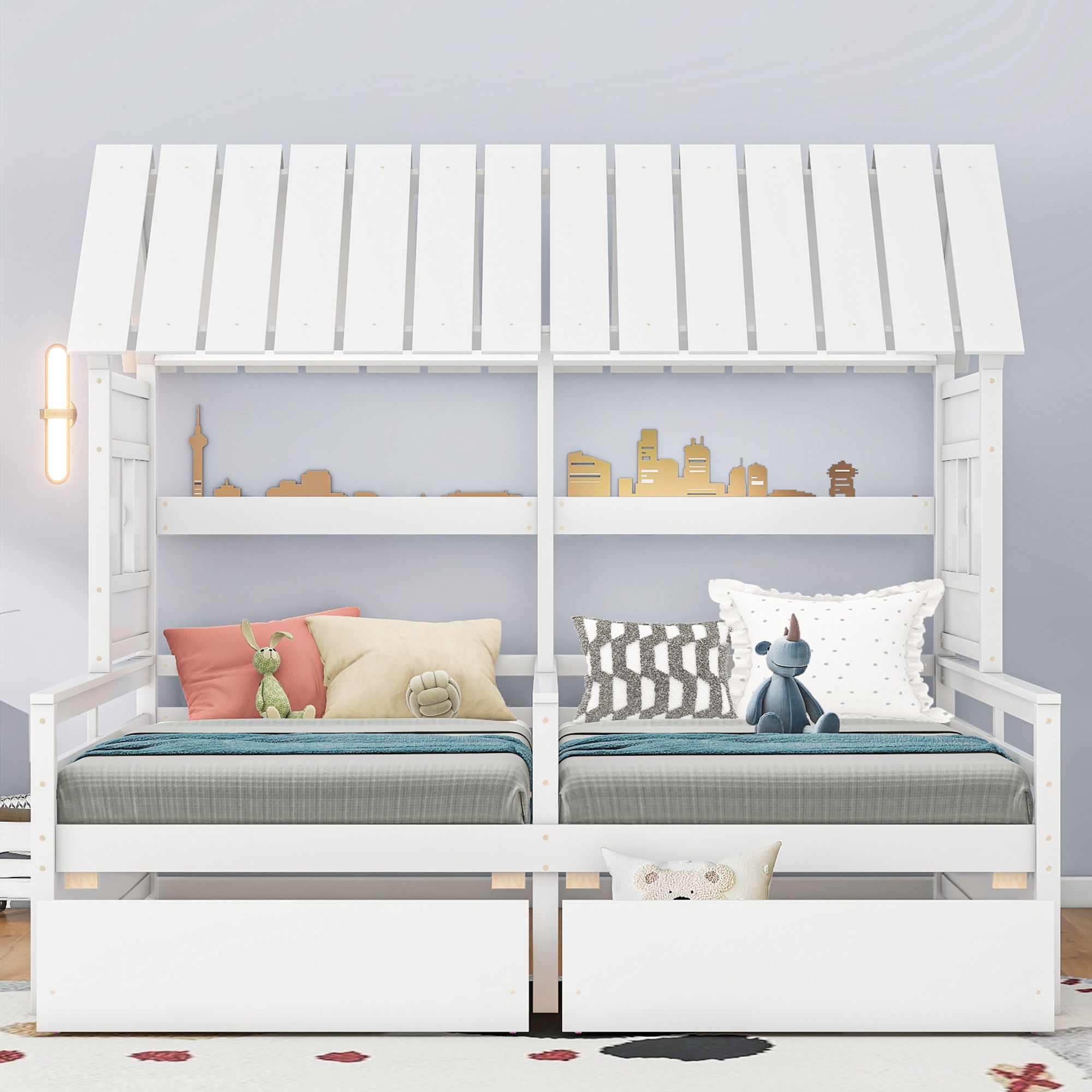 House Platform Beds With 2 Drawers, Side By Side Design