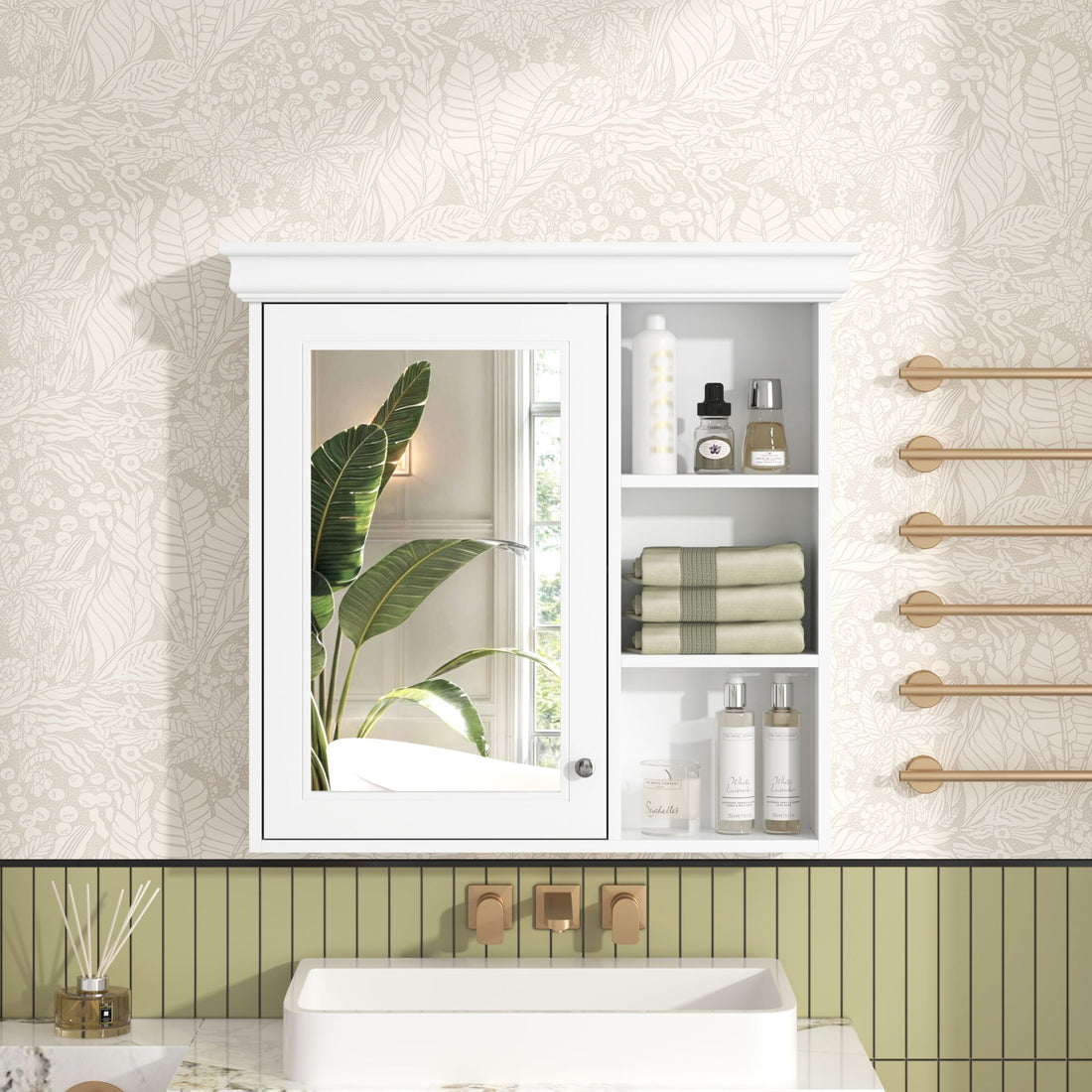 Bathroom Medicine Cabinet With Mirror, Wall Mounted Mirror Cabinet &amp; Storage Organizer, Over The Toilet Storage White Storage Cabinet For Bathroom - White
