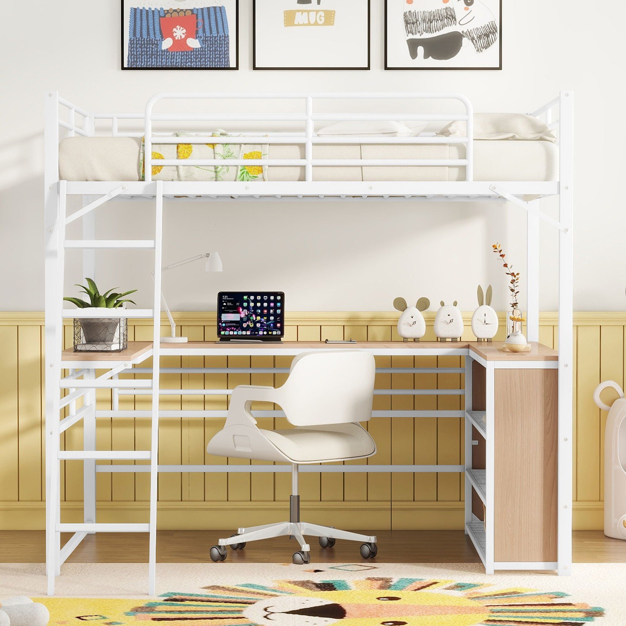 Loft Bed &amp; 3 Layers Of Shelves And L-Shaped Desk