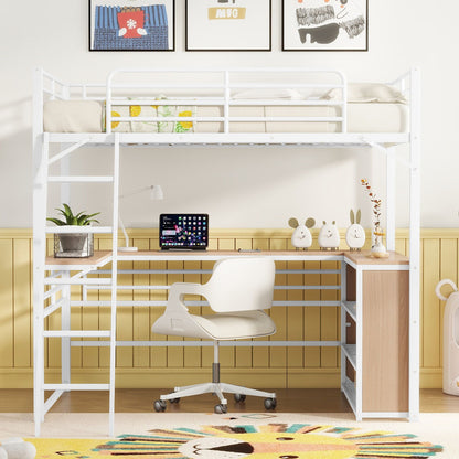 Loft Bed &amp; 3 Layers Of Shelves And L-Shaped Desk