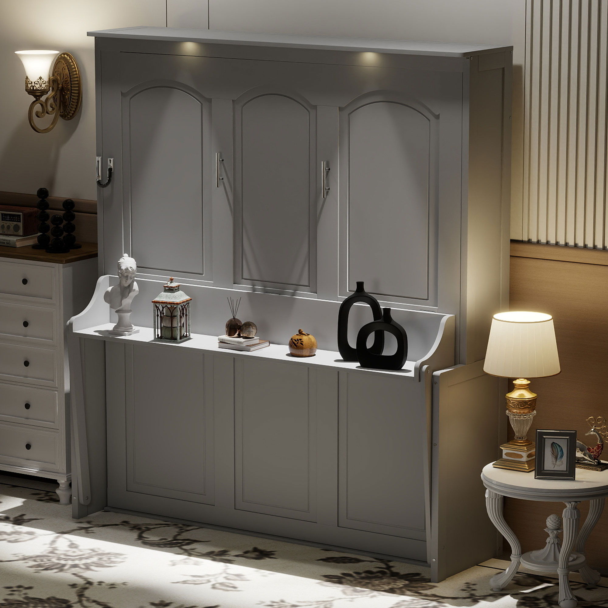 Murphy Bed With Desk, LED Lights &amp; USB Charging Station