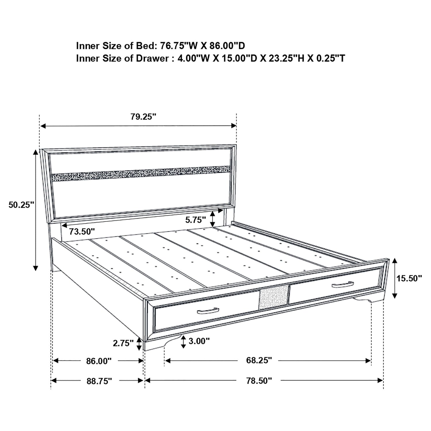 California King Storage Platform Bed With 2 Drawer - White