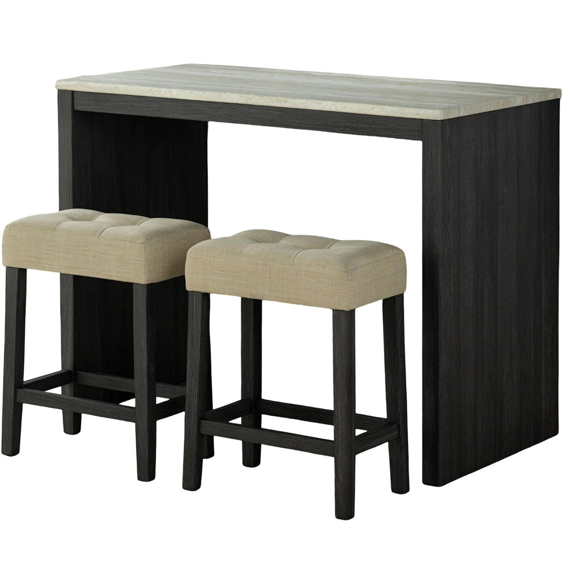 Dining Table Set With Biscuit Tufted Stools - Beige / Black / Gray
