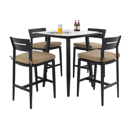 5 Pieces Outdoor Patio Bar Set, Rounded Square Table &amp; 4 Aluminum Bar Stools