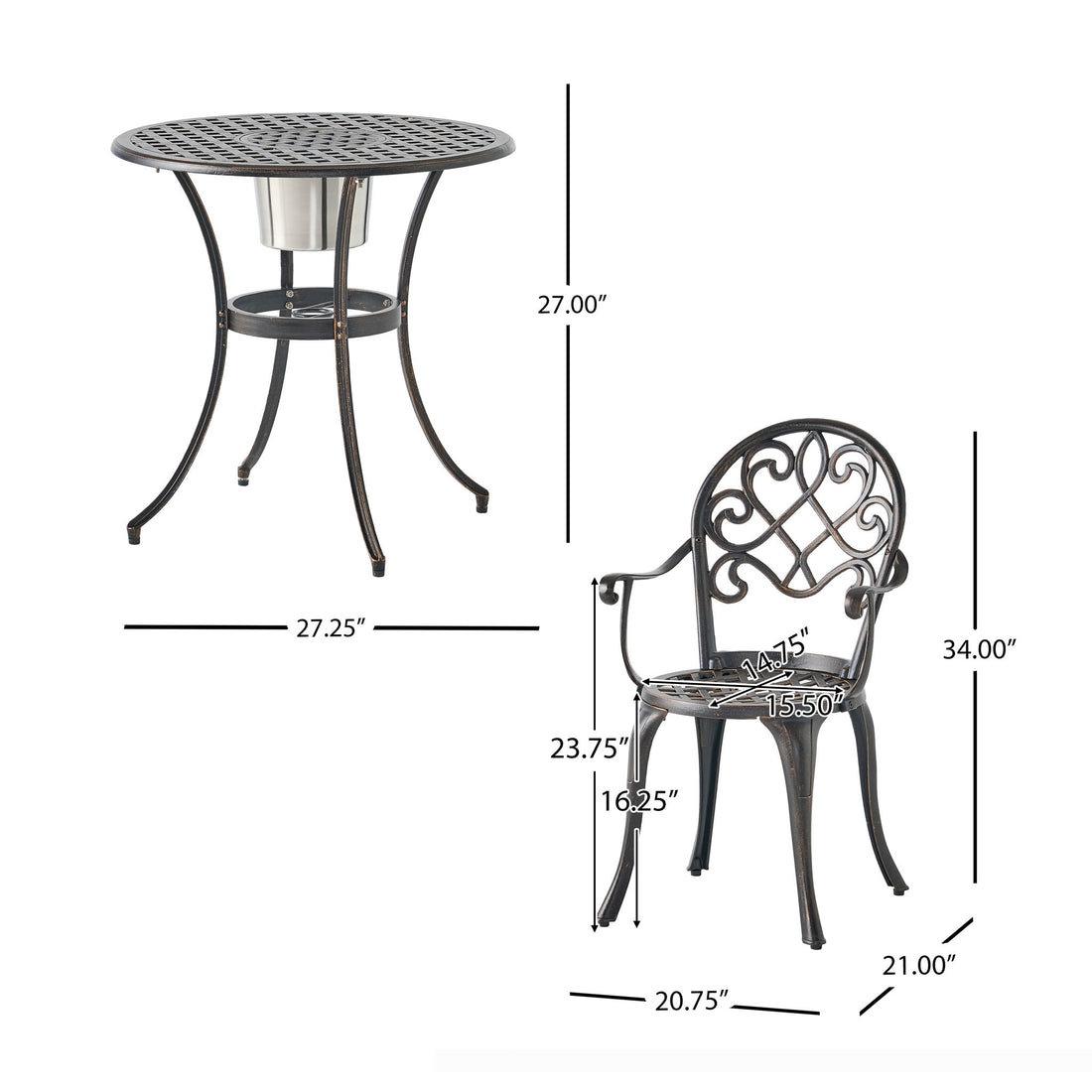 3 Piece Outdoor Aluminium Cast Bistro Set With Ice Bucket - Copper