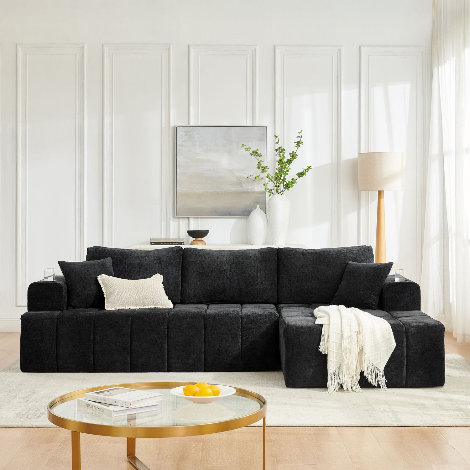 L - Shaped Sectional Sofa With Cup Holders &amp; Side Pockets