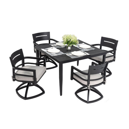 Outdoor Patio Aluminum Furniture, Modern Dining Set, Including 4 Swivel Rockers Sunbrella Cushioned And Square Dining Table With Umbrella Hole