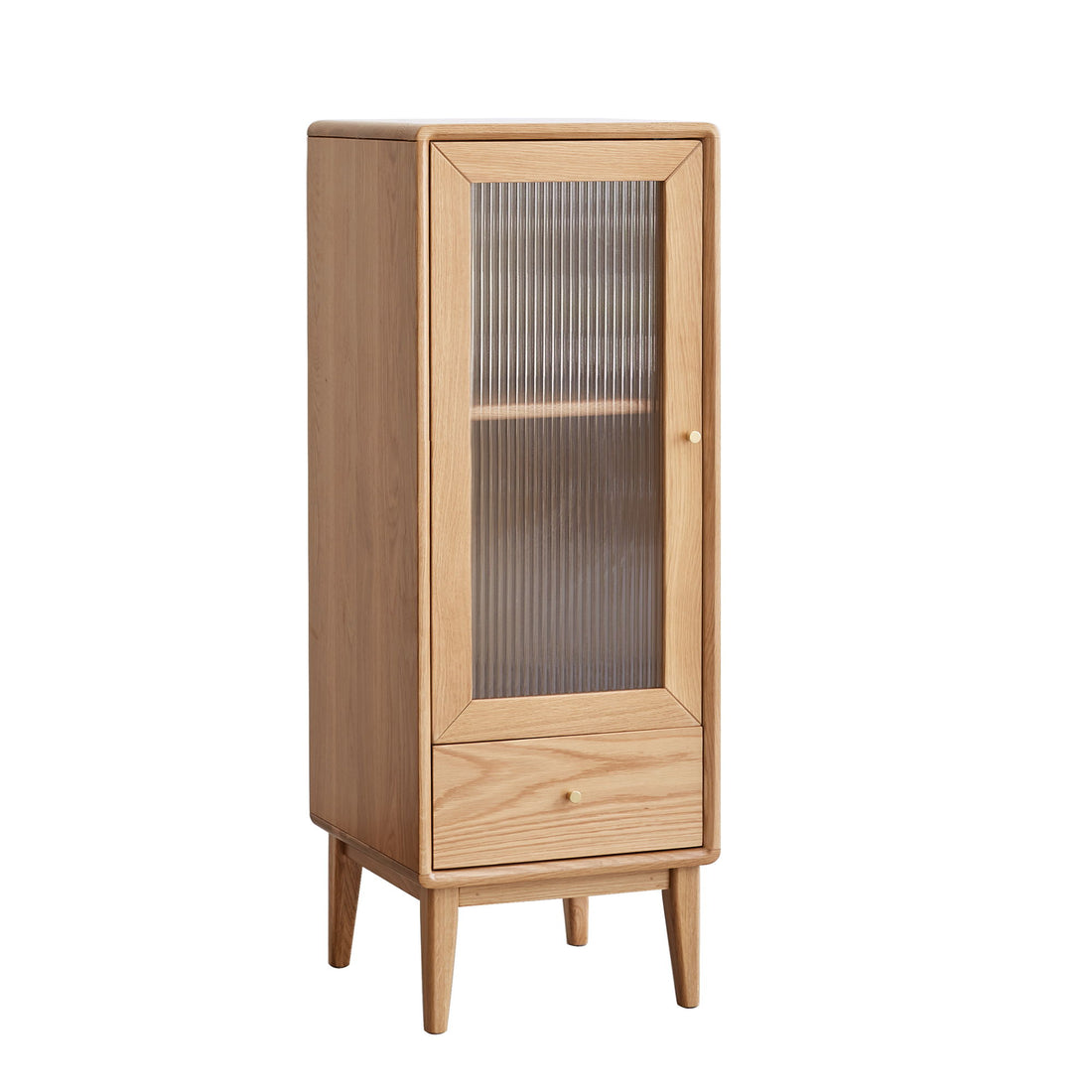 Free-Standing Corner Storage Cabinet With Vintage Glass Door, 2 Shelves, 1 Drawers &amp; Brass Handle For Living Room - Natural