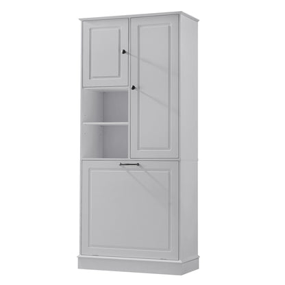 Modern Tall Storage Cabinet With Adjustable Shelves, Flip-Out Basket &amp; Enclosed Doors