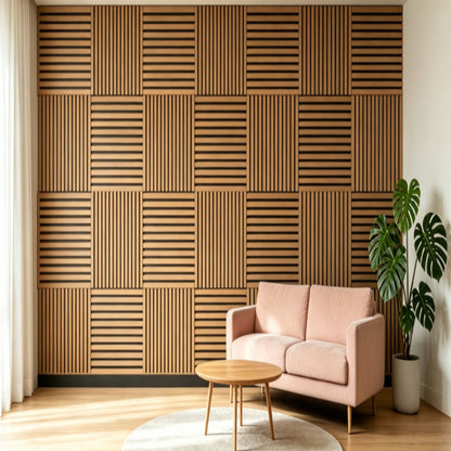 3D Groove Acoustic Panels &amp; Strip Boards, Sound Absorbing Wall &amp; Ceiling Panels (Set of 8) - Walnut