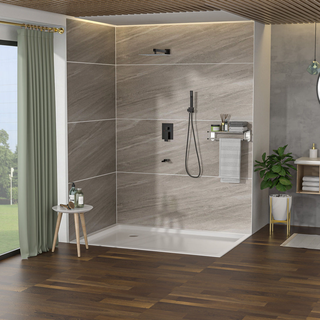 Wall Mounted Square Shower System With Waterfall Tub Spout And 12&quot; Shower Head - Oil-Rubbed Bronze