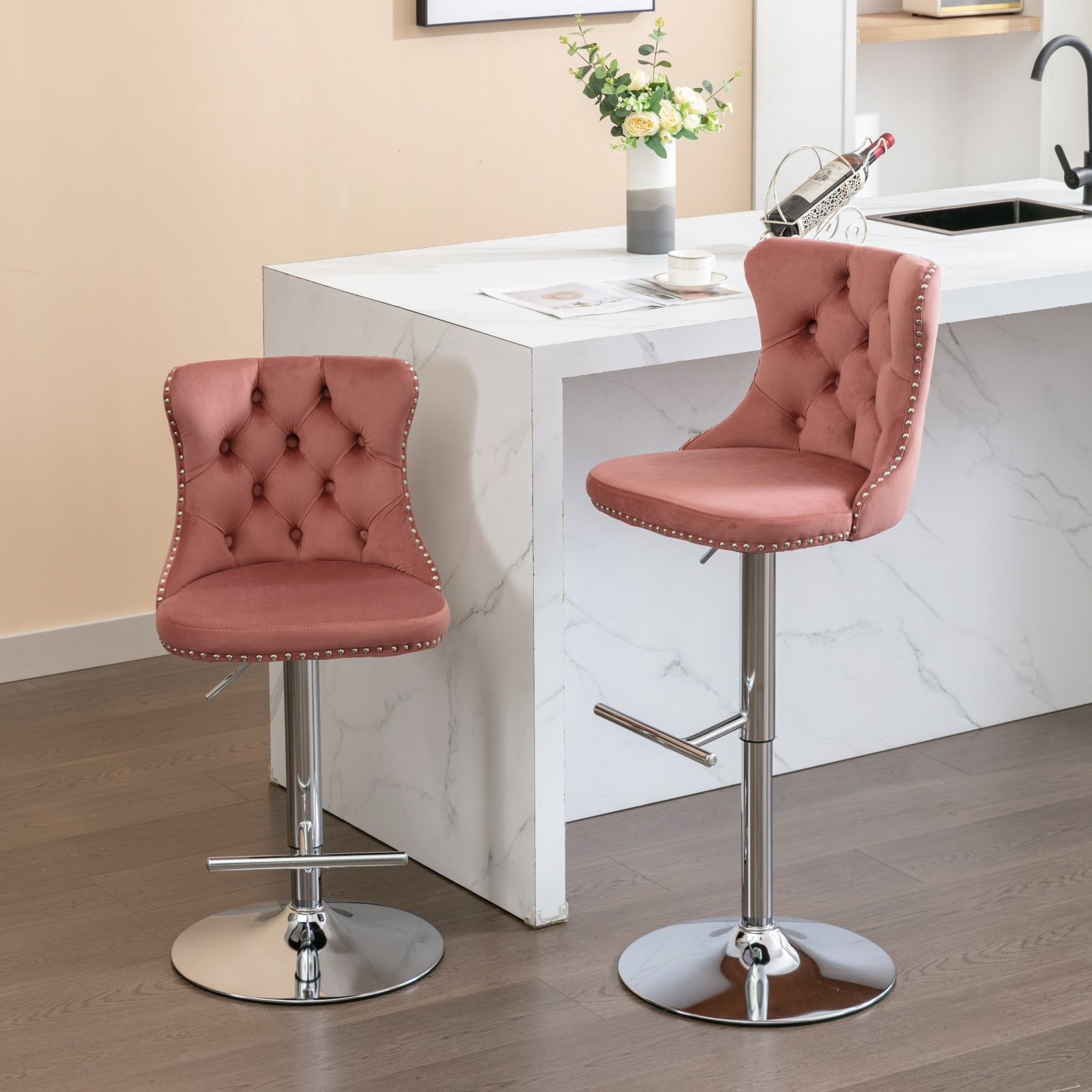Swivel Velvet Barstools Adjusatble Seat Height From 25-33&quot;, Modern Upholstered Chrome Base Bar Stools With Backs Comfortable Tufted For Home Pub And Kitchen Island (Set of 2)