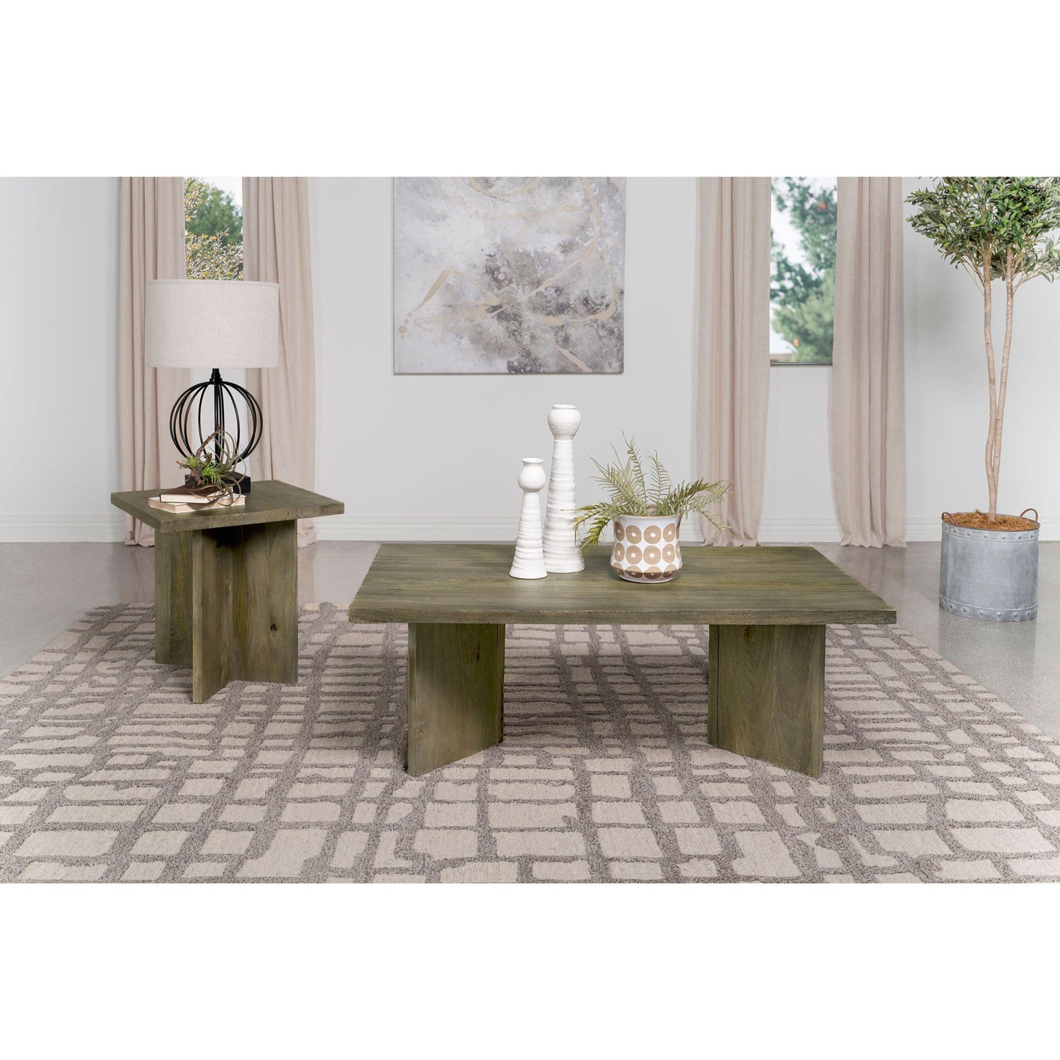 Neskowin - 2 Piece And End Table Set With Geometric Panels - Brown