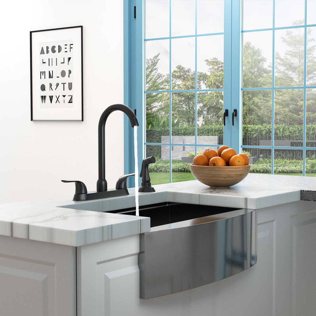 Kitchen Sink Faucet With 2 Handles And Pull Out Side Sprayer, 4 Hole Installation