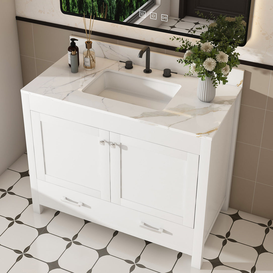 43&quot; Bathroom Vanity, Multi Functional Cabinet With Doors And Drawer - White