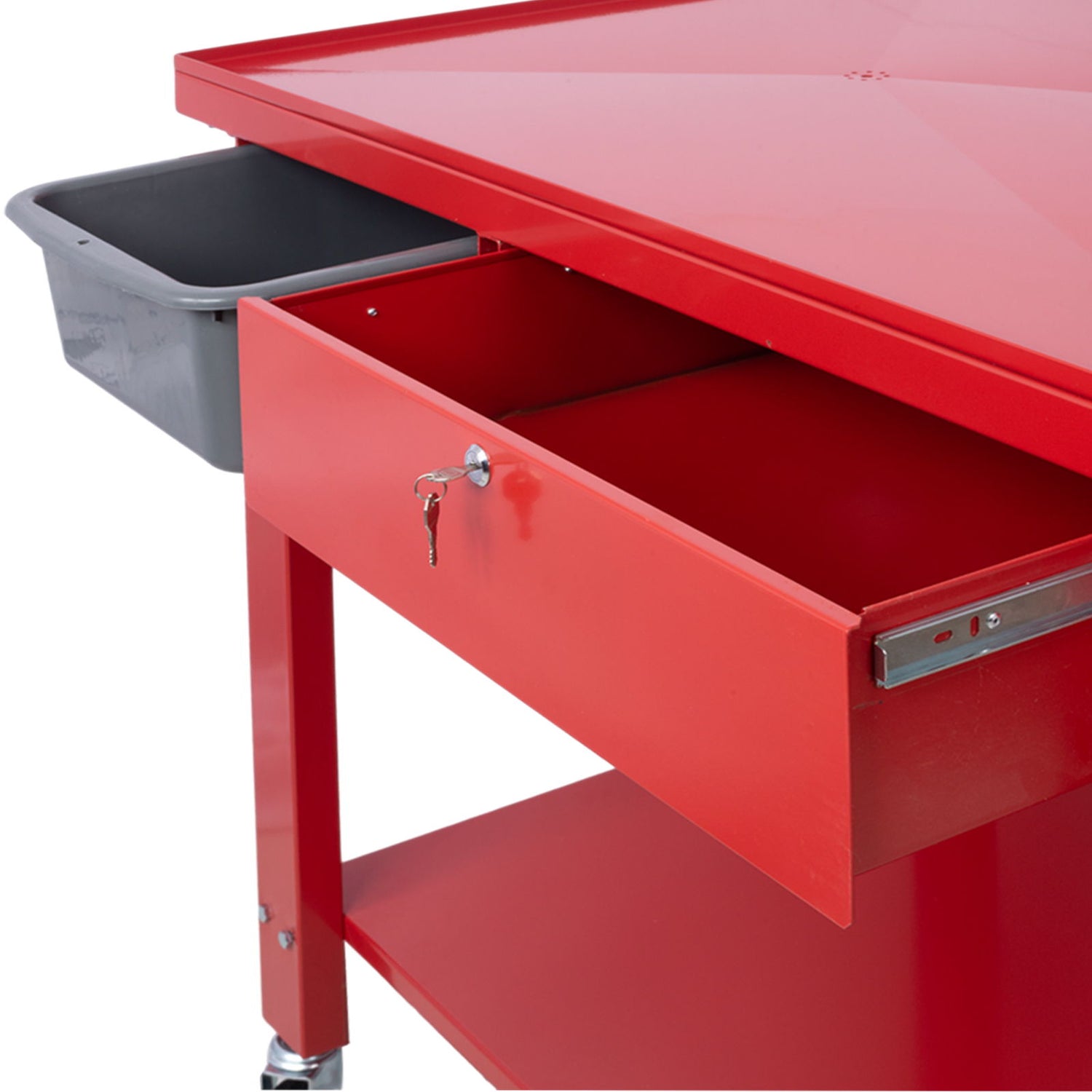 Transmission Teardown Work Station 1 / 2 Ton Capacity Sloping Drain Table Locking Drawer Removable Drain Basin Full-Width Lower Shelf Four 4&quot; Caster Wheels
