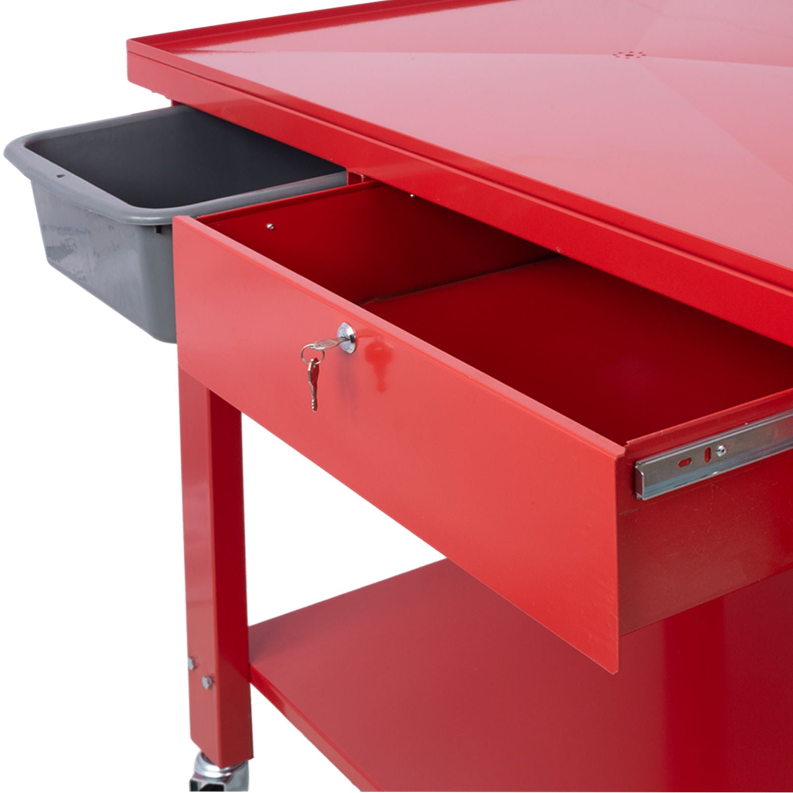 Transmission Teardown Work Station 1 / 2 Ton Capacity Sloping Drain Table Locking Drawer Removable Drain Basin Full-Width Lower Shelf Four 4&quot; Caster Wheels