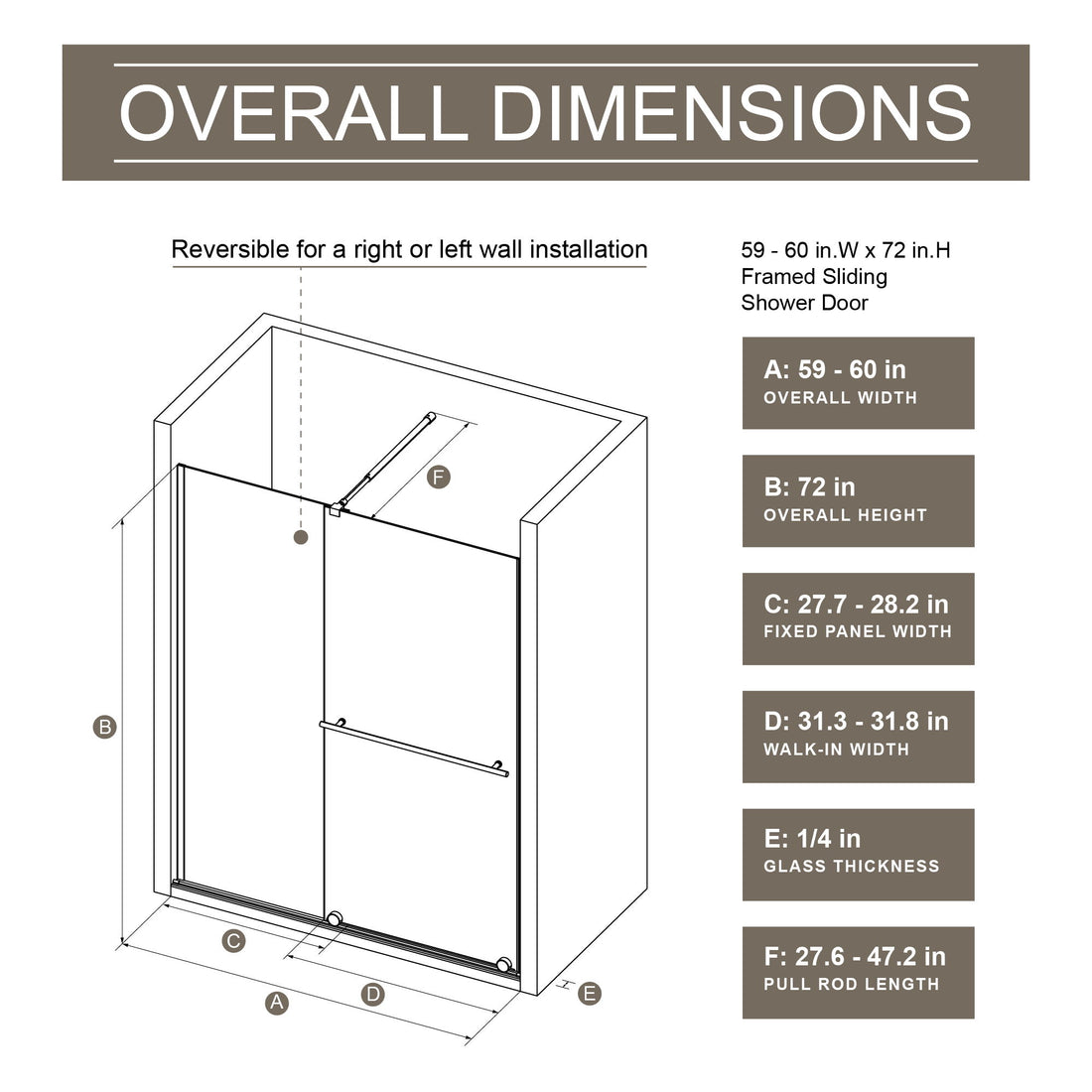 Glass Shower Door, Shower Sliding Door Walk In Shower Screen Dual Usage, 1 / 4&quot; Thick Glass Panel With Stainless Steel Handle, Supporting Bar - Black