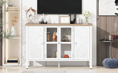 Retro TV Stand With 3 Spacious Cabinets, Glass Cabinet Doors And Anti-Tip Device