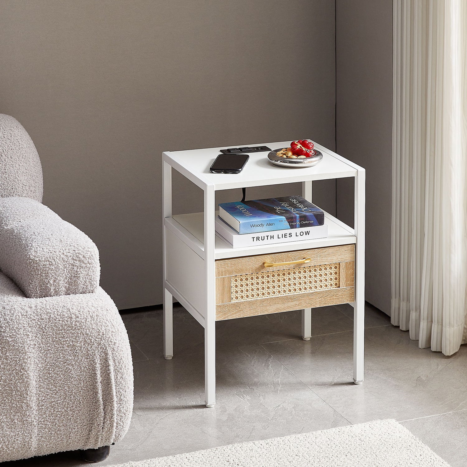 Rattan End Table With Power Outlet &amp; USB Ports, Modern Nightstand With Drawer And Metal Legs, Side Table For Living Room, Bedroom