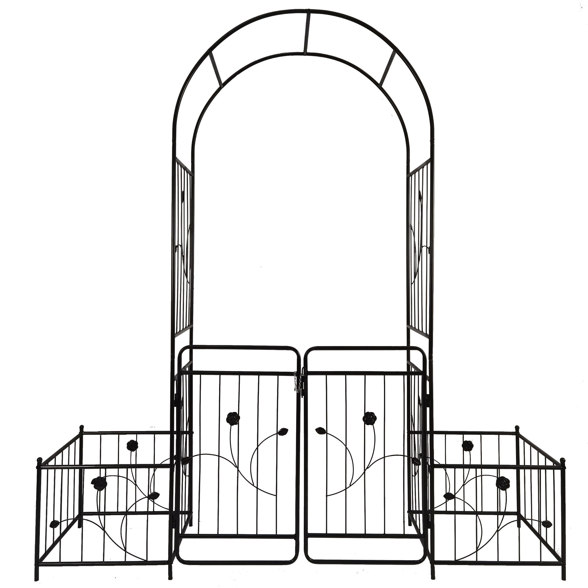 Metal Garden Arch With Gate Wide High Climbing Plants Support Rose Arch Outdoor - Black