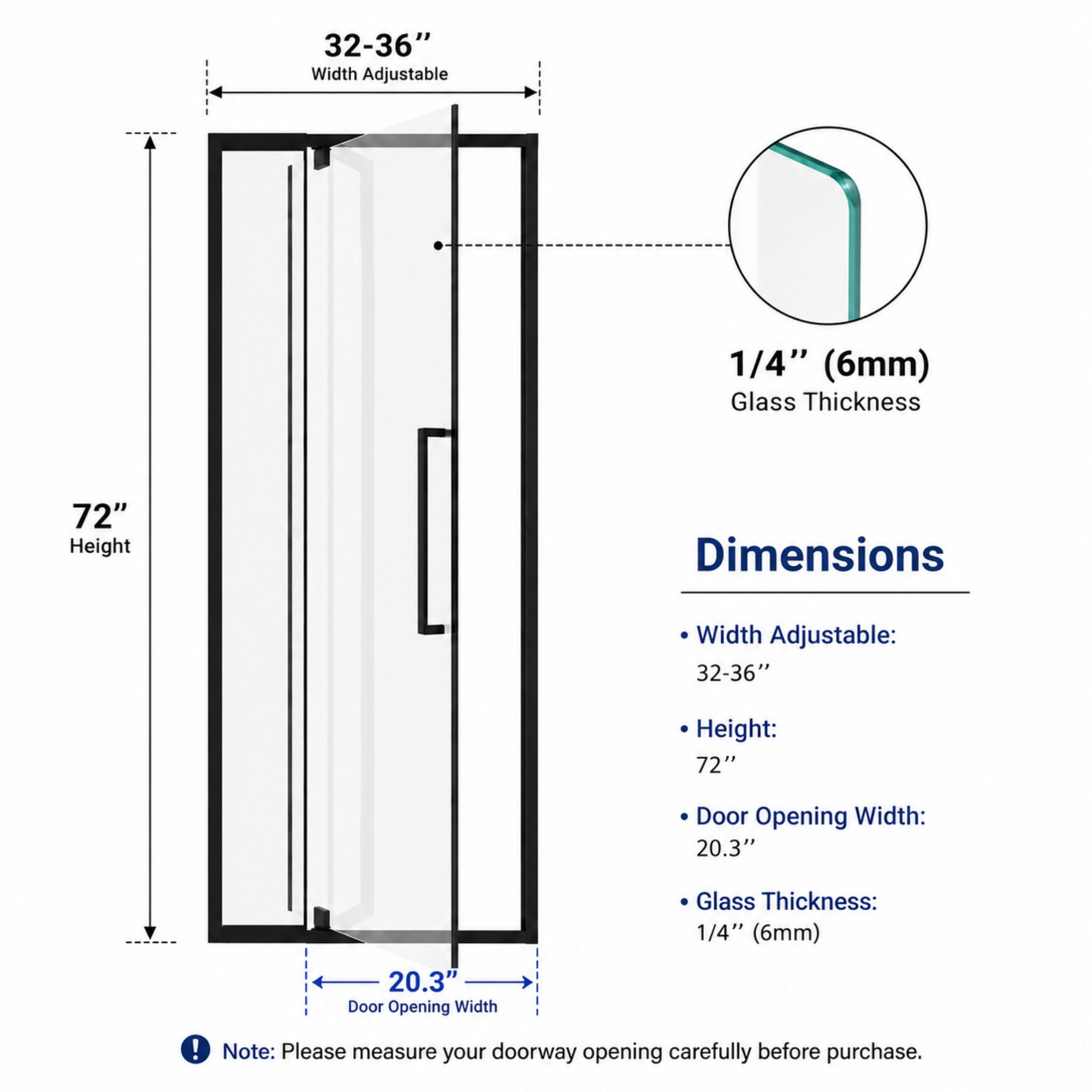 Semi-Frameless Pivot Hinged Shower Door, Reversible Design