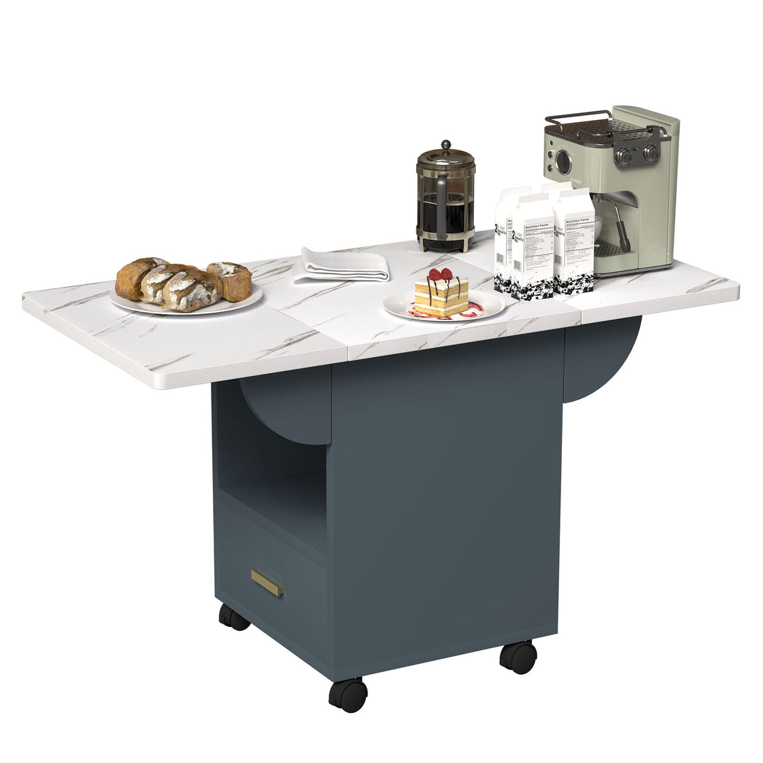 Versatile Wood Folding Dining Table With Wheels, Storage Rack &amp; Drawer, Space Saving Design - White