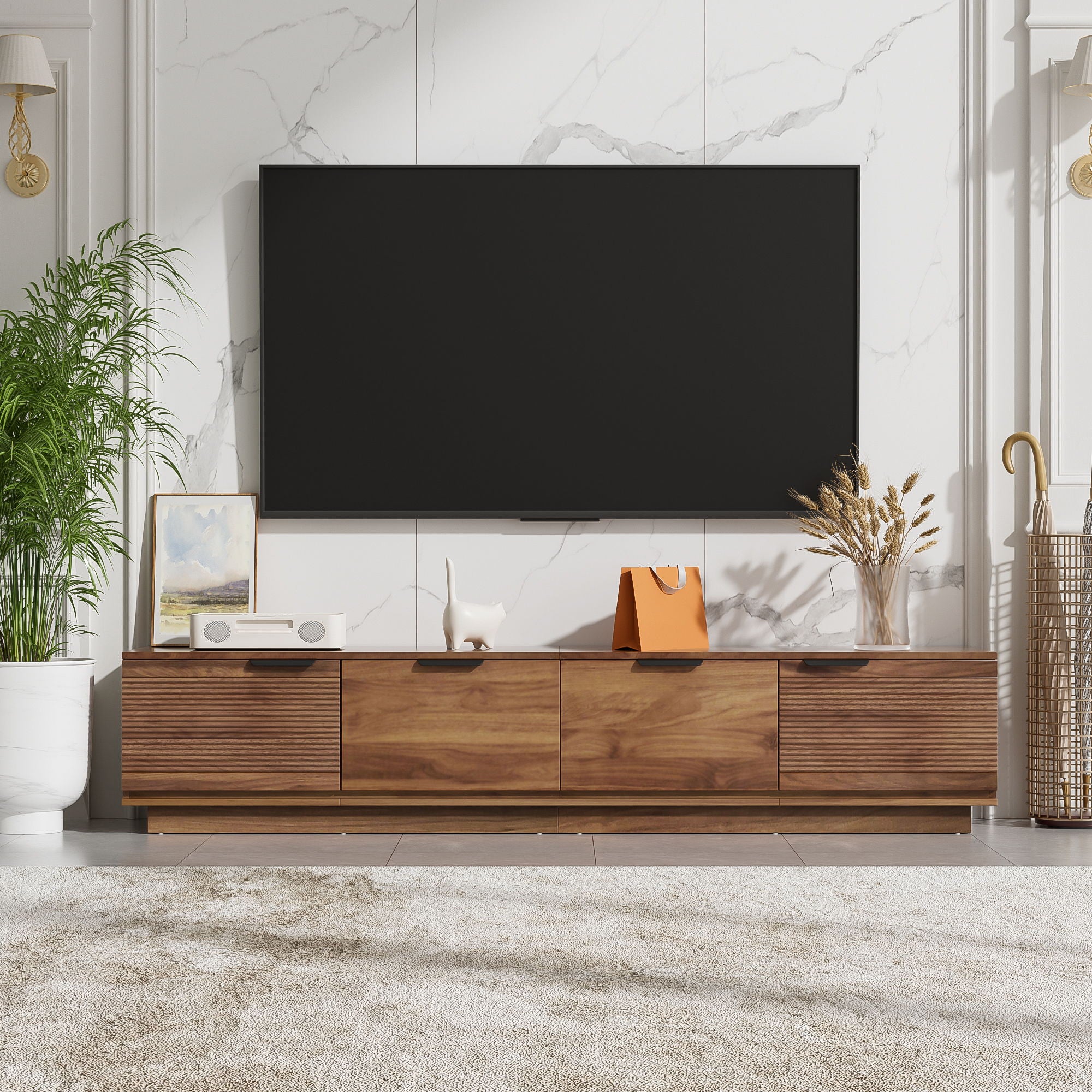 TV Stand, Entertainment Center &amp; Fluted Door &amp; Cable Management, Soft Closing Hinges - Walnut