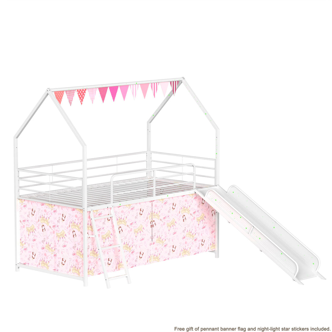 Jack - House Loft Bed With Slide And Curtain Set