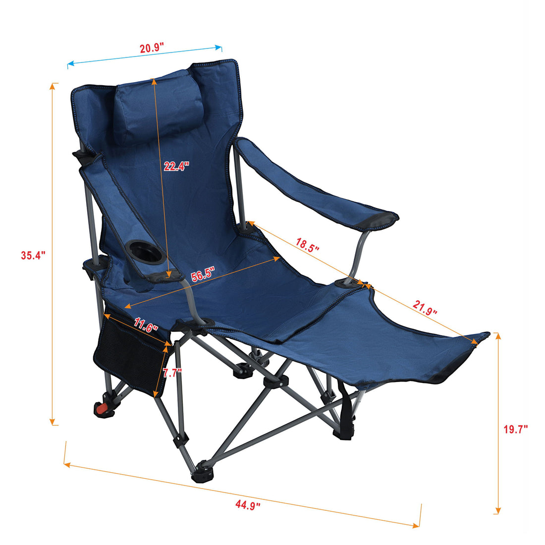 Outdoor Camping Chairs Folding Portable Adjustable Reclining Chair With Side Pockets &amp; Cup Holder - Dark Blue