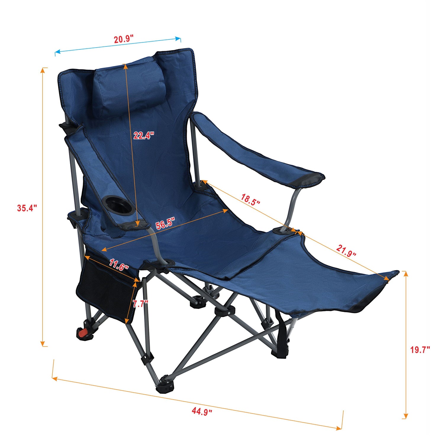 Outdoor Camping Chairs Folding Portable Adjustable Reclining Chair With Side Pockets &amp; Cup Holder - Dark Blue