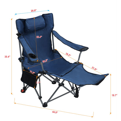 Outdoor Camping Chairs Folding Portable Adjustable Reclining Chair With Side Pockets &amp; Cup Holder - Dark Blue
