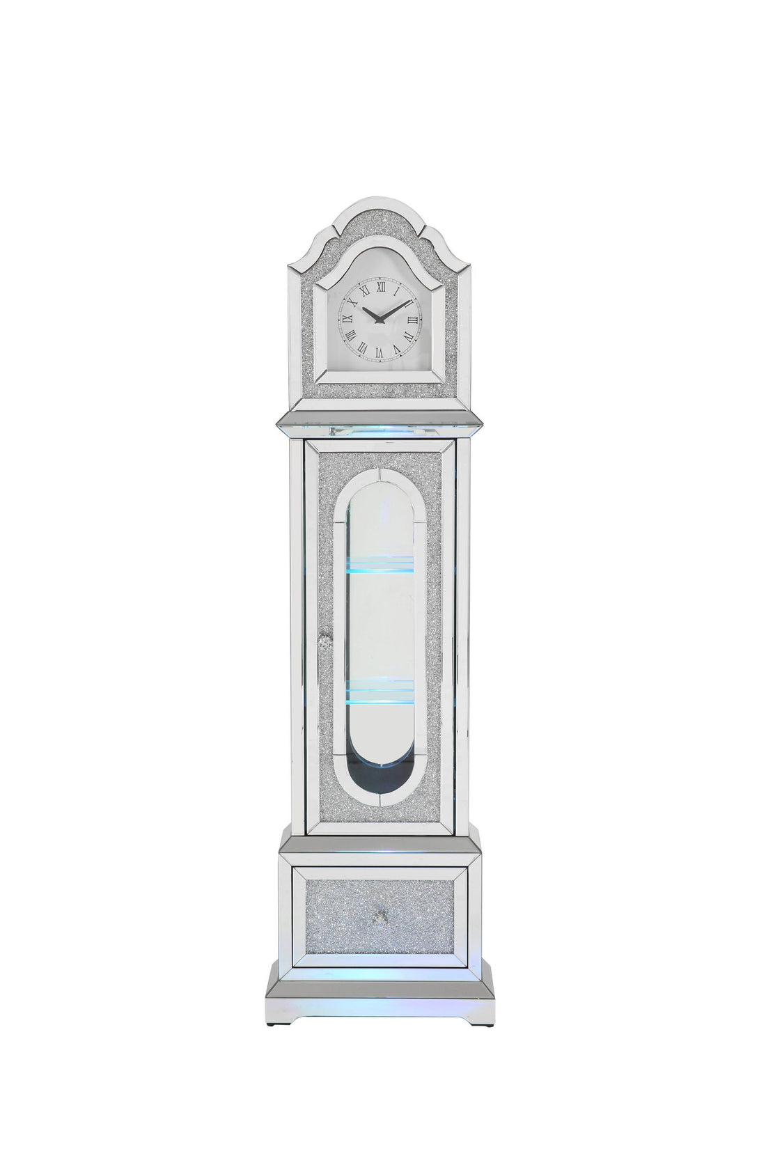 Noralie - Mirrored &amp; Faux Diamonds Grandfather Clock With LED - Silver Gray