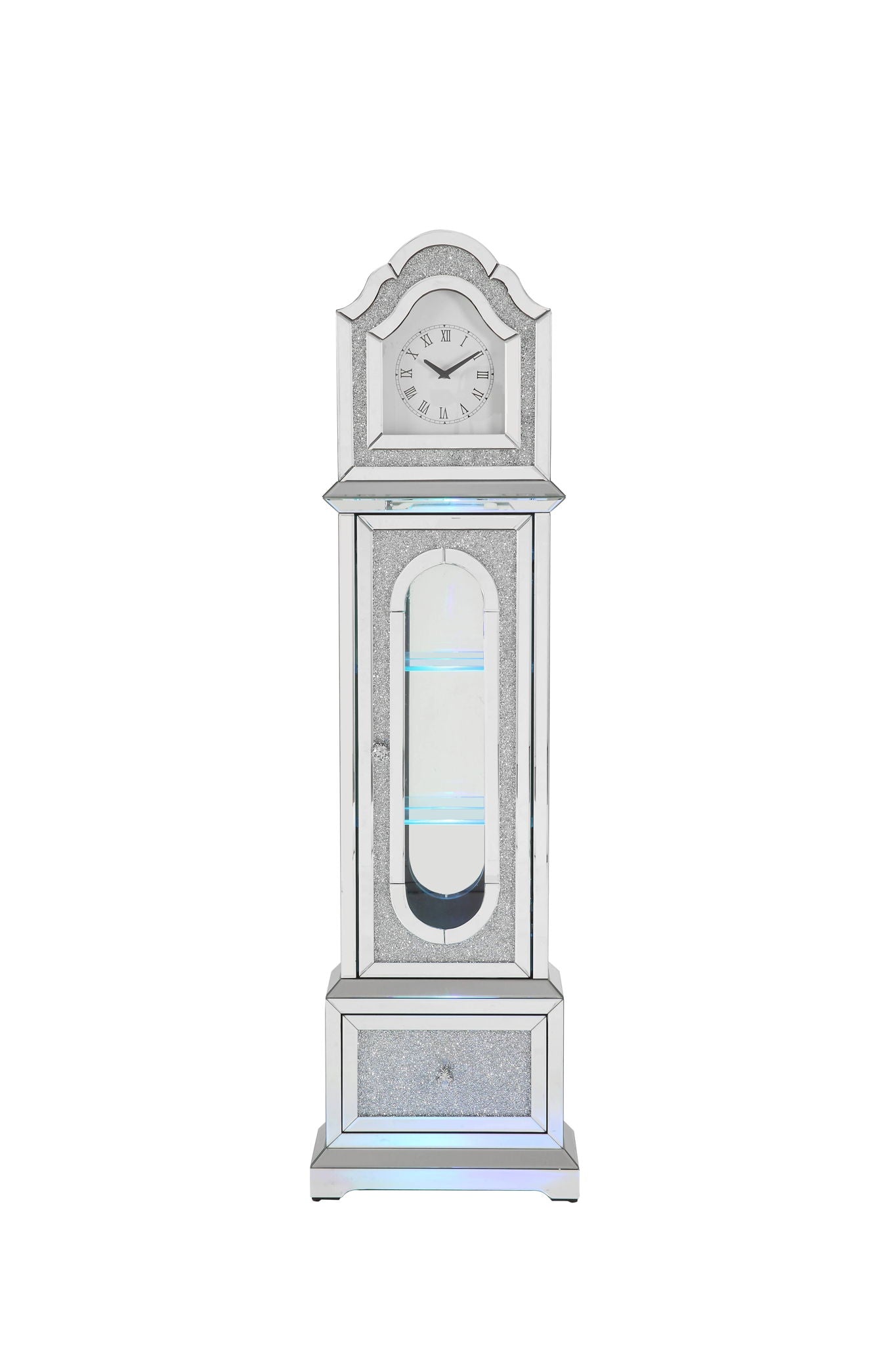 Noralie - Mirrored &amp; Faux Diamonds Grandfather Clock With LED - Silver Gray
