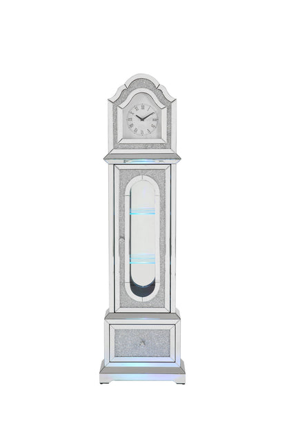 Noralie - Mirrored &amp; Faux Diamonds Grandfather Clock With LED - Silver Gray