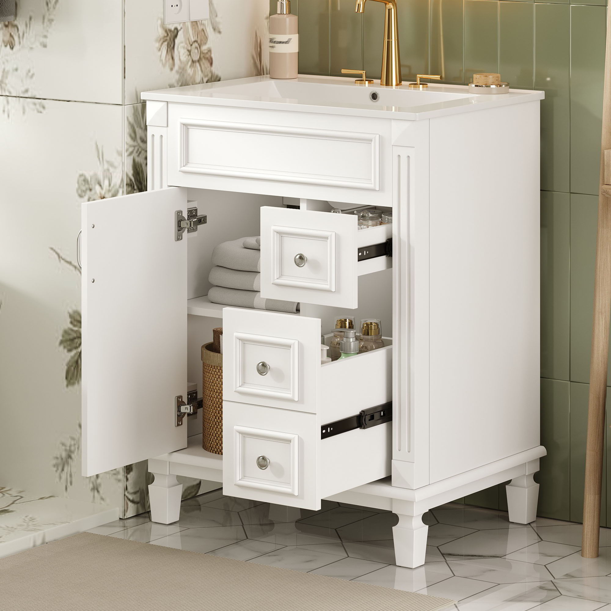 Bathroom Vanity With Sink, Compact Cabinet &amp; 2 Drawers And Adjustable Shelf