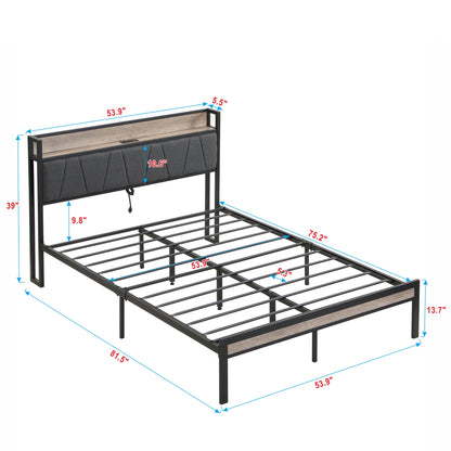 Modern Bed Frame With LED Lights, Upholstered Headboard, USB Charging
