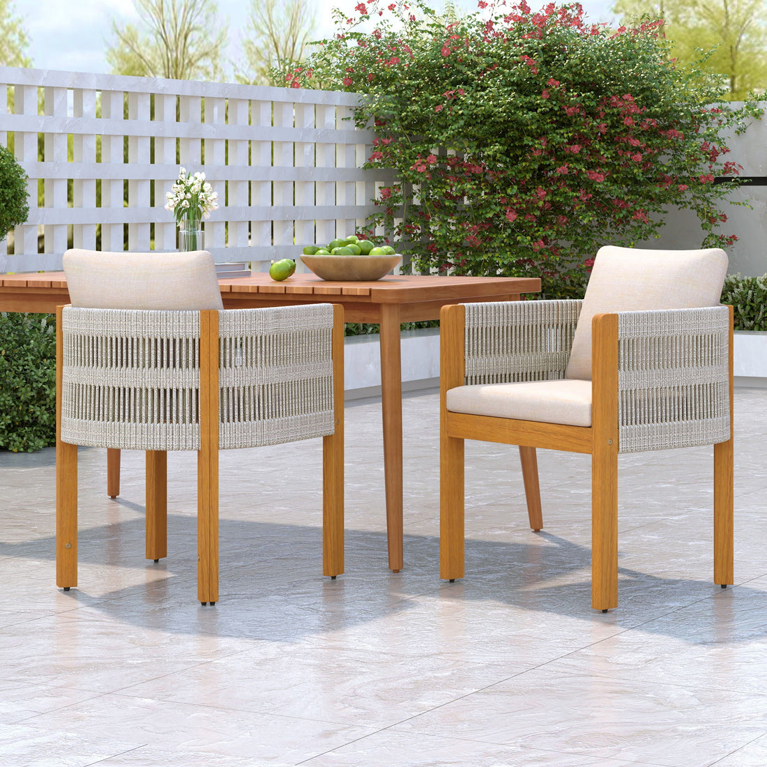 Outdoor Dining Chairs &amp; Rope Handles (Set of 2) - Beige / Teak