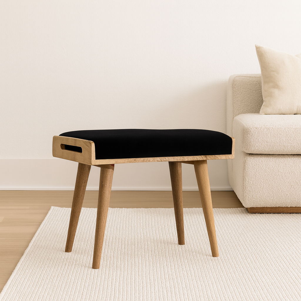 Velvet Tray Style Footstool - Black