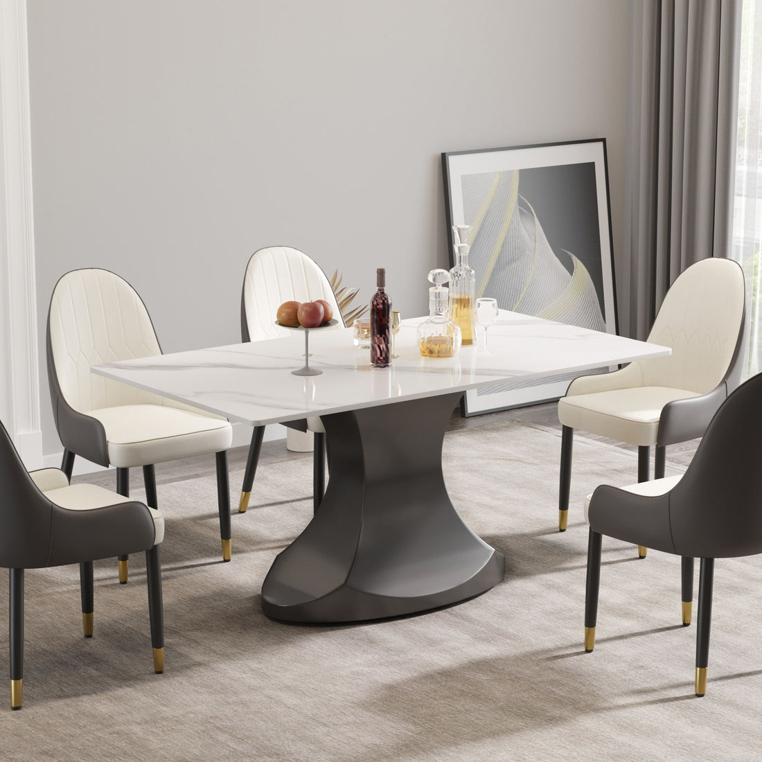 63&quot; Modern Artificial Stone Panel Stainless Steel Curved Legs, Can Accommodate 6-8 People - White / Gray
