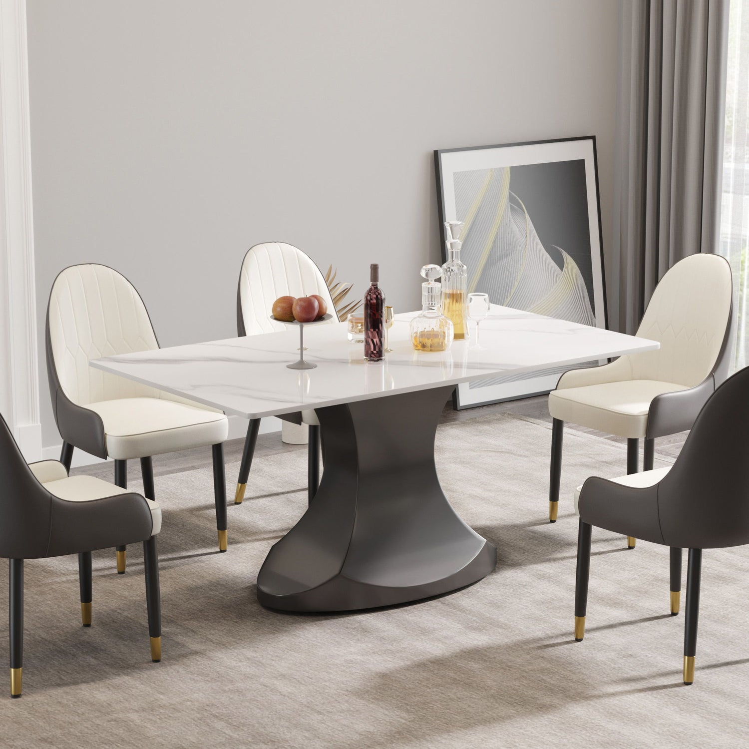 63&quot; Modern Artificial Stone Panel Stainless Steel Curved Legs, Can Accommodate 6-8 People - White / Gray
