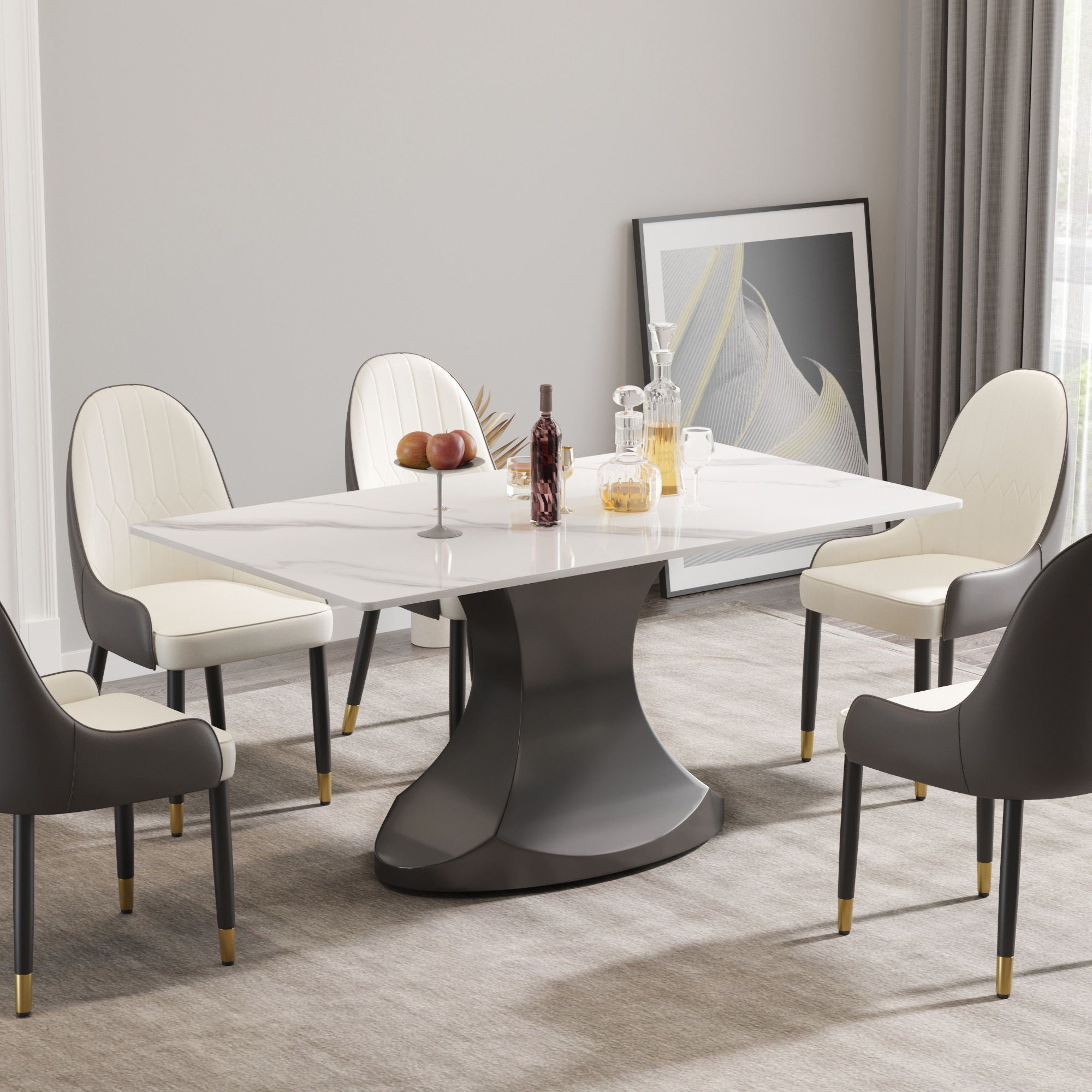 63&quot; Modern Artificial Stone Panel Stainless Steel Curved Legs, Can Accommodate 6-8 People - White / Gray