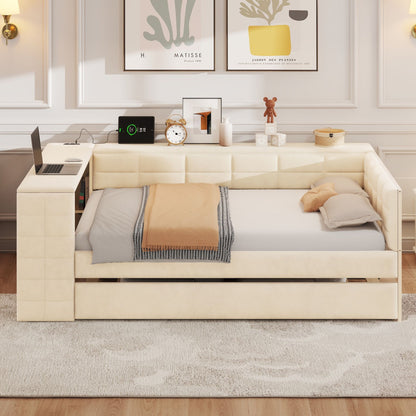 Upholstered Platform Bed With Storage Shelves, Desk, Charging Station And Trundle