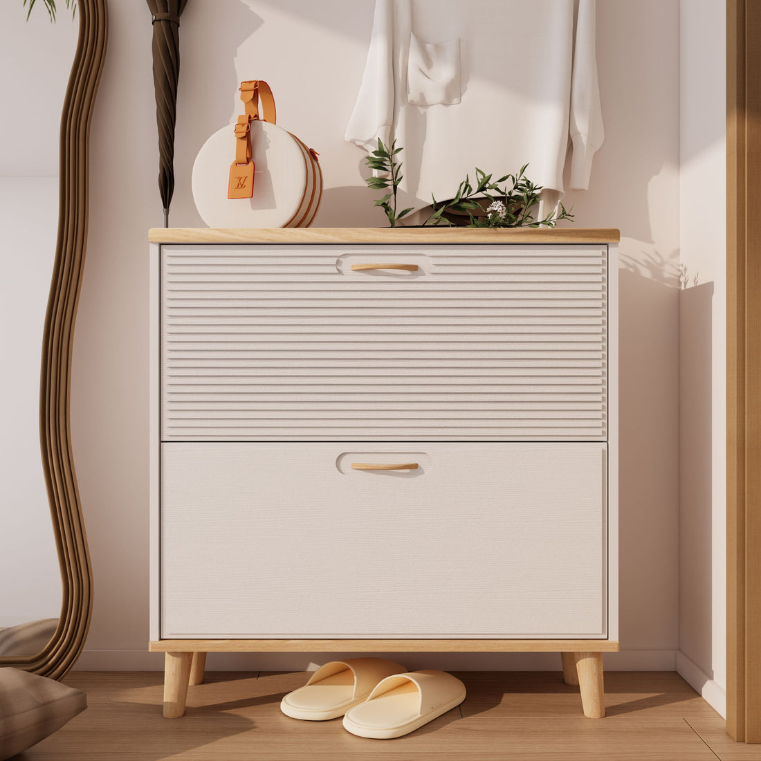Narrow - Entryway Shoe Storage Cabinet With 2 Flip Drawers Legs - Natural / White