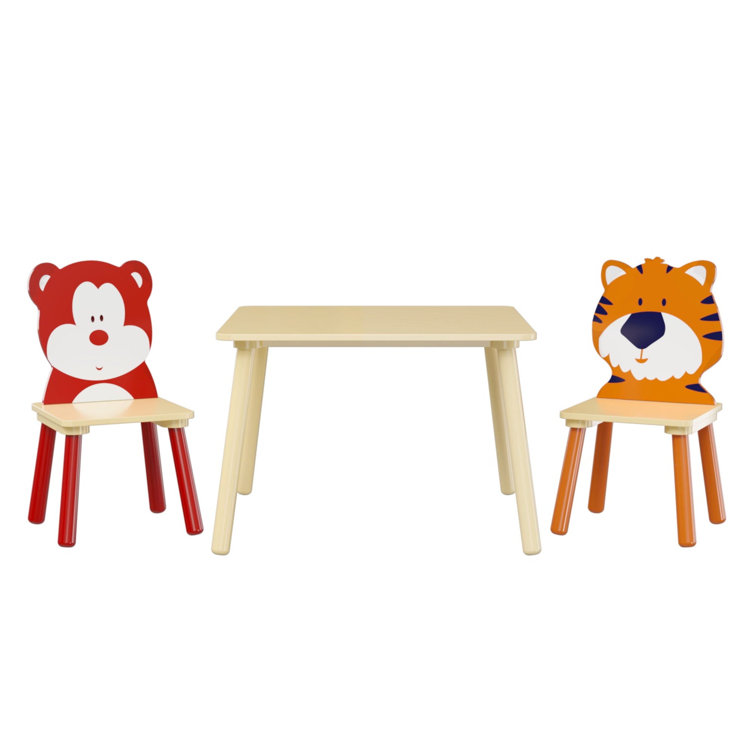 Table And 2 Chairs Set, Activity Play Table Set With Bear &amp; Tiger Design - Natural