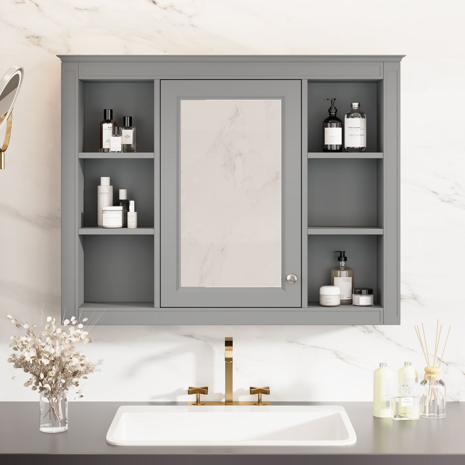 Wall Mounted Medicine Cabinet With Mirror, Storage Cabinet Featuring 6 Open Shelves And Adjustable Interior